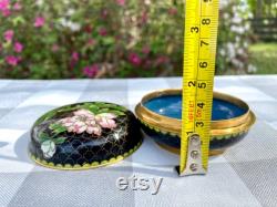 Vintage Cloisonné Black with Pink Flower Round Powder Jar