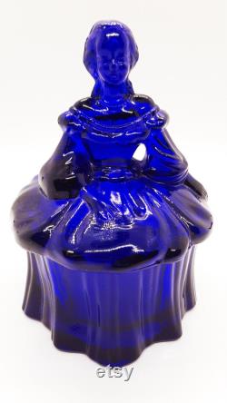 Vintage Cobalt Blue Glass Lady Powder Box