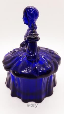 Vintage Cobalt Blue Glass Lady Powder Box