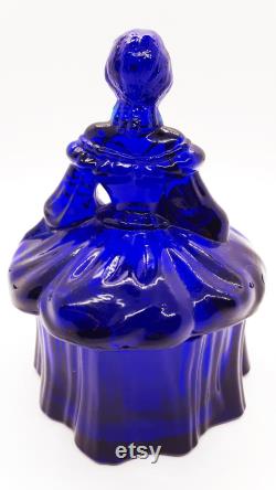 Vintage Cobalt Blue Glass Lady Powder Box