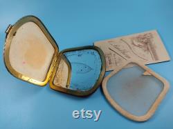 Vintage Collectible Powder Box LEATHER Mirror Gold tone Metal 1950-1960-s
