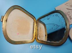 Vintage Collectible Powder Box LEATHER Mirror Gold tone Metal 1950-1960-s