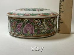 Vintage Covered Trinket Bowl Powder Box Japan Hand Painted Flowers 4.5 Round