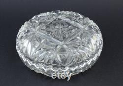 Vintage Cut Crystal Glass Vanity Round Powder Box with Flower Pattern, Retro Bonbonniere in Clear Lead Glass, Boudoir Grannycore Accessory