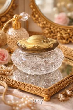 Vintage Cut Crystal Powder Jar, Ornate Gold Lid, Hollywood Regency Decor