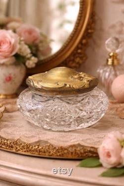 Vintage Cut Crystal Powder Jar, Ornate Gold Lid, Hollywood Regency Decor