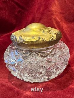 Vintage Cut Crystal Powder Jar, Ornate Gold Lid, Hollywood Regency Decor
