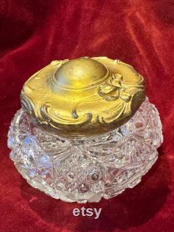 Vintage Cut Crystal Powder Jar, Ornate Gold Lid, Hollywood Regency Decor