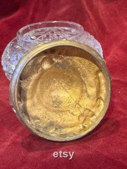 Vintage Cut Crystal Powder Jar, Ornate Gold Lid, Hollywood Regency Decor