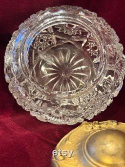 Vintage Cut Crystal Powder Jar, Ornate Gold Lid, Hollywood Regency Decor