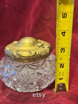 Vintage Cut Crystal Powder Jar, Ornate Gold Lid, Hollywood Regency Decor