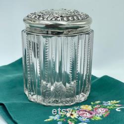 Vintage Cut Glass Powder Vanity Jar with Sterling Cover