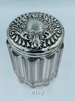 Vintage Cut Glass Powder Vanity Jar with Sterling Cover