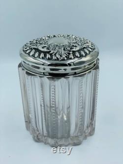 Vintage Cut Glass Powder Vanity Jar with Sterling Cover