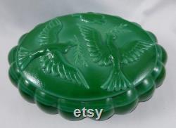 Vintage Czech Bohemian Malachite Green Slag Glass Art Deco Powder Jar Dresser Box Two Doves