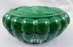 Vintage Czech Bohemian Malachite Green Slag Glass Art Deco Powder Jar Dresser Box Two Doves