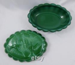 Vintage Czech Bohemian Malachite Green Slag Glass Art Deco Powder Jar Dresser Box Two Doves