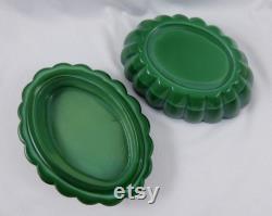 Vintage Czech Bohemian Malachite Green Slag Glass Art Deco Powder Jar Dresser Box Two Doves