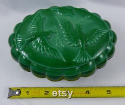 Vintage Czech Bohemian Malachite Green Slag Glass Art Deco Powder Jar Dresser Box Two Doves