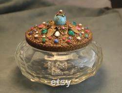Vintage Czech Glass Jeweled Powder Jar Vintage Faux Turquoise