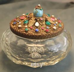 Vintage Czech Glass Jeweled Powder Jar Vintage Faux Turquoise