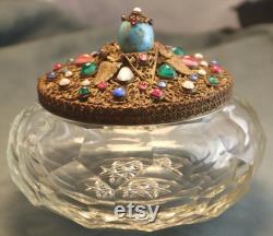 Vintage Czech Glass Jeweled Powder Jar Vintage Faux Turquoise