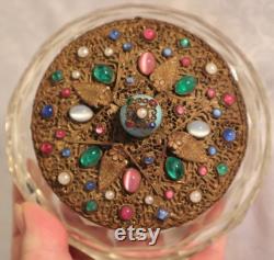 Vintage Czech Glass Jeweled Powder Jar Vintage Faux Turquoise