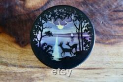 Vintage Czech Glass Reverse Painted Powder Box, Bougie Vanity Decor, Deer by Moonlit Lake with Sailboat, Elegant Grannycore