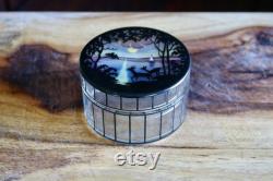 Vintage Czech Glass Reverse Painted Powder Box, Bougie Vanity Decor, Deer by Moonlit Lake with Sailboat, Elegant Grannycore