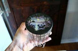 Vintage Czech Glass Reverse Painted Powder Box, Bougie Vanity Decor, Deer by Moonlit Lake with Sailboat, Elegant Grannycore