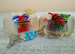 Vintage Deco Design Glass Powder or Trinket Jar Set of 2