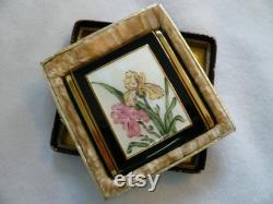 Vintage Deco Guilloche and Black Enamel and Handpainted Iris Marathon Compact