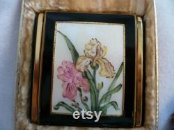 Vintage Deco Guilloche and Black Enamel and Handpainted Iris Marathon Compact