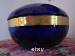 Vintage Deep Colbalt Blue Trimmed in Gold Colonial Candle Co. Glass Powder Trinket Lidded Dish
