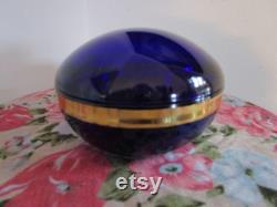 Vintage Deep Colbalt Blue Trimmed in Gold Colonial Candle Co. Glass Powder Trinket Lidded Dish