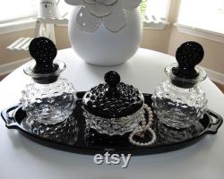 Vintage Depression Black Clear Glass Glass Colonial Hobnail Vanity Dresser Set Powder Trinket Jar Cologne Bottles Tray 1930s