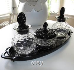 Vintage Depression Black Clear Glass Glass Colonial Hobnail Vanity Dresser Set Powder Trinket Jar Cologne Bottles Tray 1930s