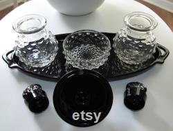 Vintage Depression Black Clear Glass Glass Colonial Hobnail Vanity Dresser Set Powder Trinket Jar Cologne Bottles Tray 1930s