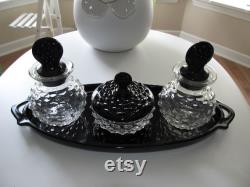 Vintage Depression Black Clear Glass Glass Colonial Hobnail Vanity Dresser Set Powder Trinket Jar Cologne Bottles Tray 1930s