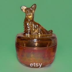 Vintage Dog Powder Trinket Jar by Jeanette Glass Iridescent Marigold Carnival