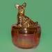 Vintage Dog Powder Trinket Jar by Jeanette Glass Iridescent Marigold Carnival