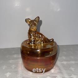 Vintage Dog Powder Trinket Jar by Jeanette Glass Iridescent Marigold Carnival