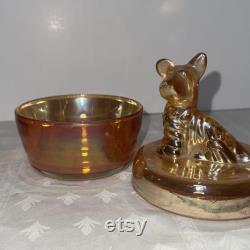 Vintage Dog Powder Trinket Jar by Jeanette Glass Iridescent Marigold Carnival
