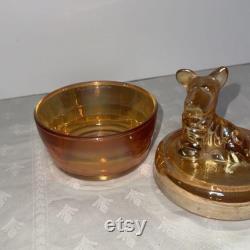 Vintage Dog Powder Trinket Jar by Jeanette Glass Iridescent Marigold Carnival