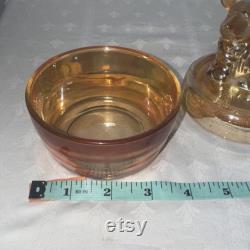 Vintage Dog Powder Trinket Jar by Jeanette Glass Iridescent Marigold Carnival