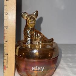 Vintage Dog Powder Trinket Jar by Jeanette Glass Iridescent Marigold Carnival
