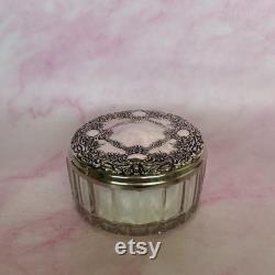 Vintage Dresser Dish, Vanity Glass Jar Silver Plate Ornate Floral and Scrolls Lid, Retro Vanity
