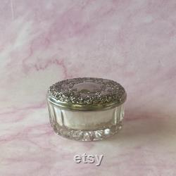 Vintage Dresser Dish, Vanity Glass Jar Silver Plate Ornate Floral and Scrolls Lid, Retro Vanity