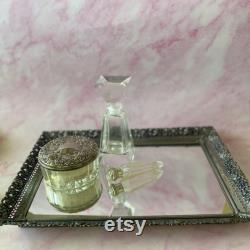 Vintage Dresser Dish, Vanity Glass Jar Silver Plate Ornate Floral and Scrolls Lid, Retro Vanity