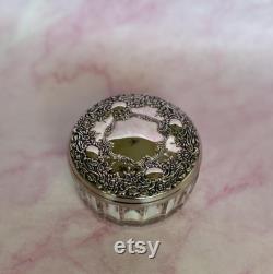 Vintage Dresser Dish, Vanity Glass Jar Silver Plate Ornate Floral and Scrolls Lid, Retro Vanity